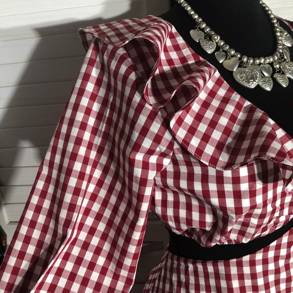 Lovers and Friends Gingham Red Mini Dress One Shoulder M - Picture 10 of 16